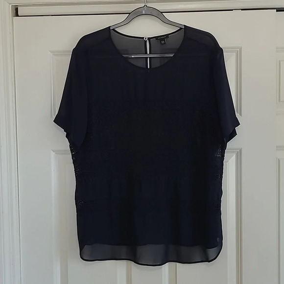 Ann Taylor Navy Sheer Short Sleeve Blouse with Crochet Details - Size XXL - Picture 2 of 7